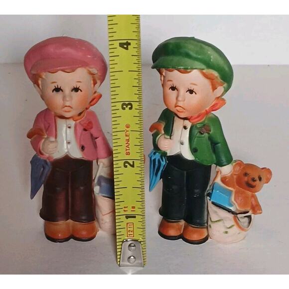 2 Vintage Plastic Boy Figurines Umbrella Bag with Teddy Bear Hong Kong - Picture 4 of 13